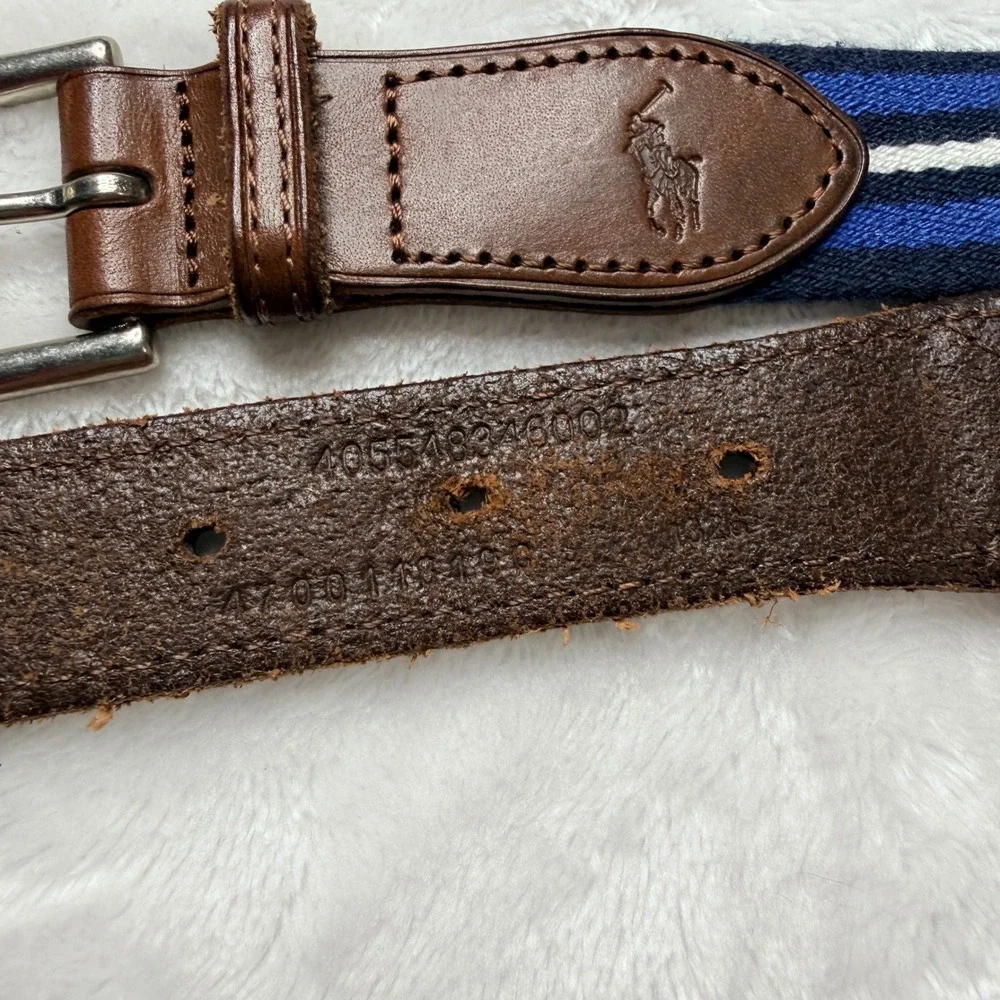 Polo Golf Ralph Lauren Navy Blue White Stripe Brown Leather Woven Fabric Belt 38